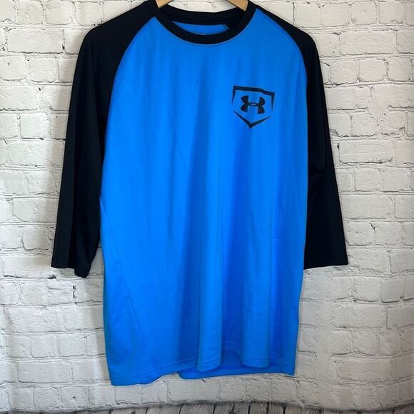 Under Armour Mens Blue Black Loose Fit Baseball Shirt size Medium - Picture 1 of 4